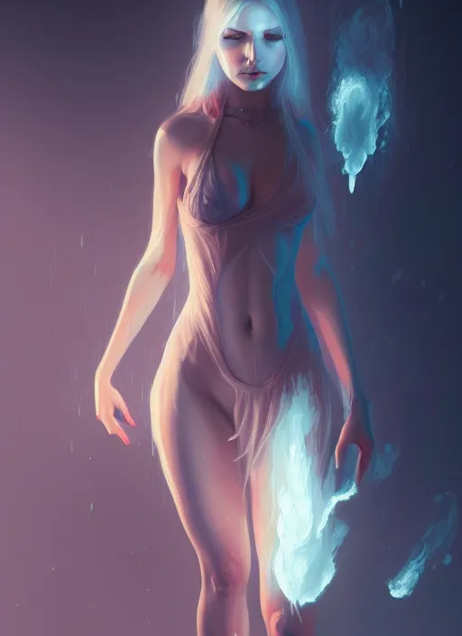 Image similar to girl demon, full body, pyromancer, intricate, elegant, highly detailed, digital painting, artstation, concept art, smooth, sharp focus, illustration, ethereal, misty, by ilya kuvshinov and jeremy mann, 8 k, octane render