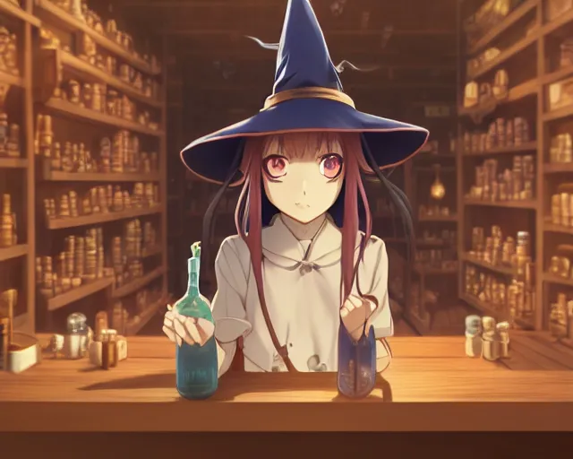 Prompt: anime visual, portrait of a young female traveler wearing a witch hat in a alchemist's potion shop interior, cute face by yoh yoshinari, katsura masakazu, cinematic luts, dynamic pose, dynamic perspective, strong silhouette, anime cels, ilya kuvshinov, crisp and sharp, rounded eyes, moody, cool colors