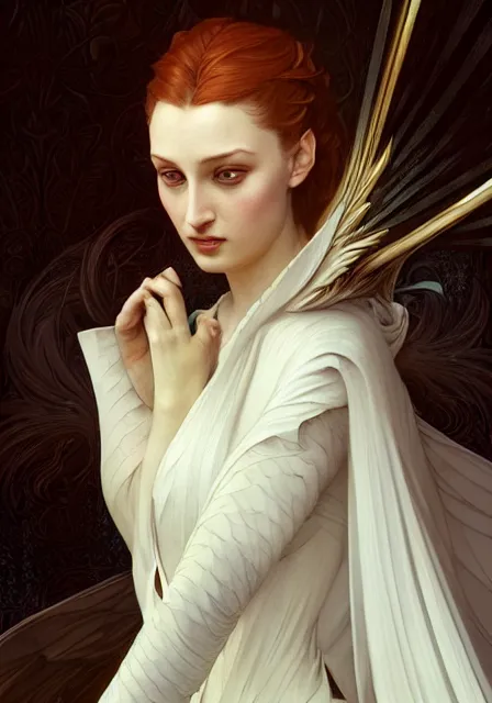 Image similar to sansa dark angel, intricate, elegant, highly detailed, digital painting, artstation, concept art, smooth, sharp focus, illustration, art by artgerm and greg rutkowski and alphonse mucha and william - adolphe bouguereau