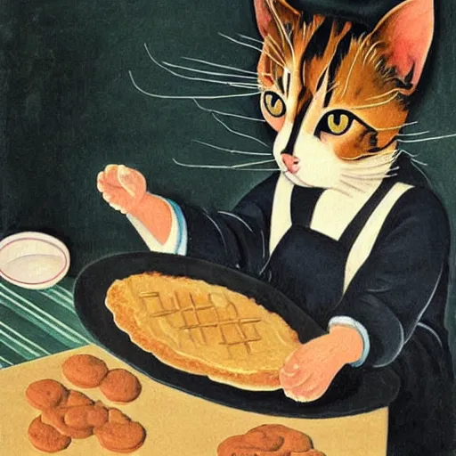 Prompt: a highly detailed painting of a cat chef baking cookies in the style of matisse, caravaggio, ukiyo - e