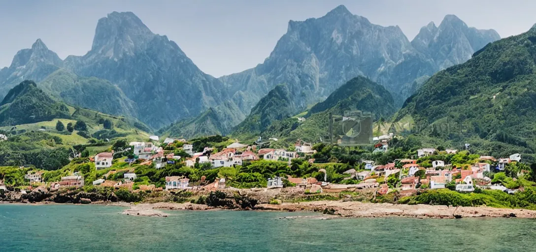 Image similar to the landscape of a beautiful coastal village with mountains in the background, in summer, award-winning photography