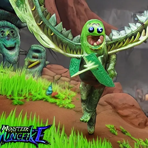 Image similar to pickle rick inside the monster hunter rise game