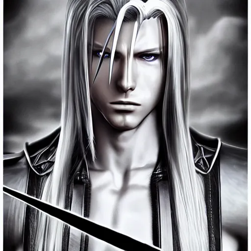 Image similar to Sephiroth from Final Fantasy, epic lighting, realistic, futuristic, symmetrical, wallpaper, distinct lines, trending on artstation