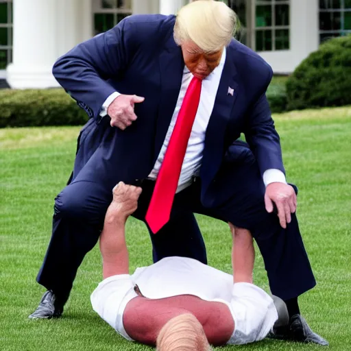 Prompt: donald trump doing a pile driver on joe biden on the white house lawn, wwe style