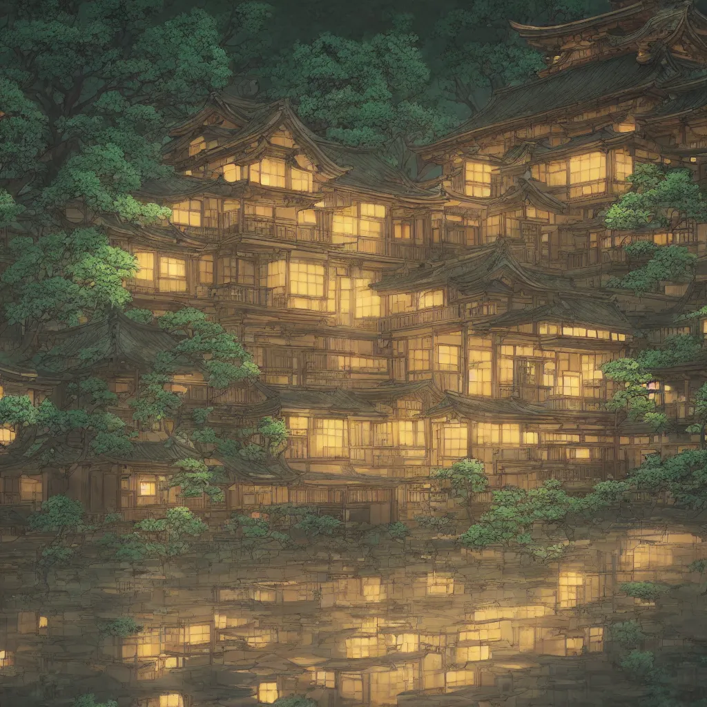 Image similar to Japanese bath house at night (Spirited Away), next to pond, highly detailed, 3D render, digital art, artstation, 8K photography, matte photo-realistic, vivid colors, perspective, by Hayao Ghibli Miyazaki!!!, breath of the wild style