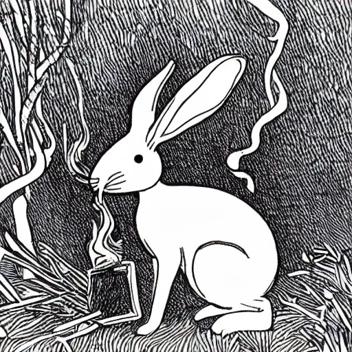 Image similar to black - and - white line art illustration of a rabbit smoking a cigarette, with smoke rising from the cigarette, background is a tangled forest, whimsical masterpiece by ernest shepard