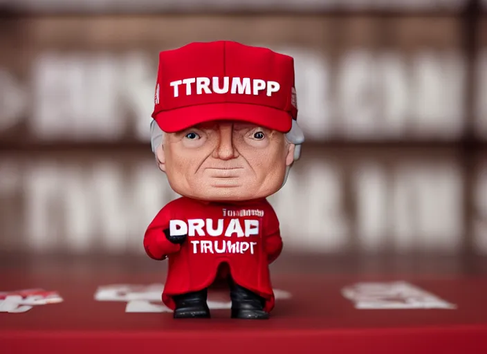 Image similar to !dream product still of Donald Trump wearing a red cap funko pop with box, 85mm f1.8