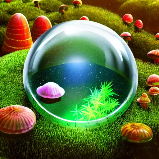 Image similar to alien planet, lush with fluorescent mushrooms encapsulated in a snow globe, high detail, photorealistic