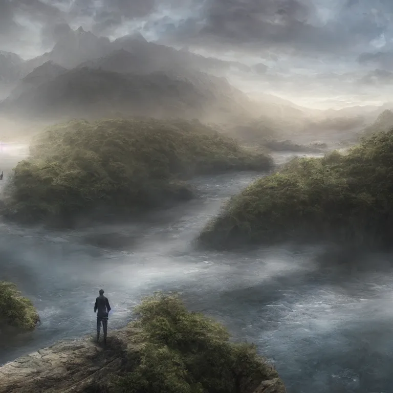 Prompt: a person standing on a bridge over a river, a detailed matte painting by kano naizen, cgsociety, fantasy art, matte painting, terragen, made of mist