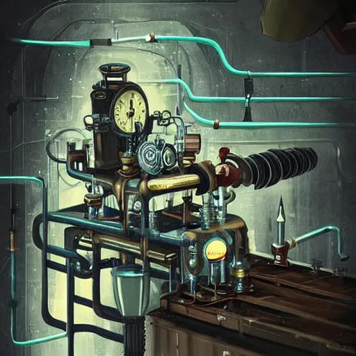 Image similar to A random pointless contraption ((steampunk)) industrial appliance pneumatic machine with no apparent purpose, being operated by a scholarly looking man with a clear directed gaze, artwork by Petros Afshar