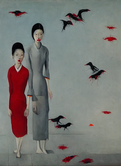 Prompt: a painting of gorgeous asian student girls with frozen cold stare, blood red background, transparent gray dresses, crows flying with red eyes trapped in the void as a symbol of death, in style of Edward Hopper, John Singer Sargant, Chaim Soutine, surrealism of Francis Bacon, American Gothic, 8k, ultradetailed