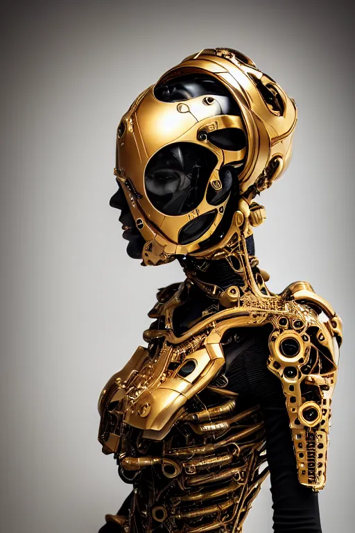 Image similar to beautifull cyberpunk woman model, wearing organic biomechanical armor, thin gold terdrils, luxury materials, symmetrical, cinematic, elegant, professional studio light, real dlsr photography, sharp focus, 4 k, ultra hd, sense of awe, high fashion