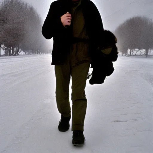 Prompt: young werner herzog going through a seemingly endless blizzard, extreme cold and utter loneliness, solo journey from munich to paris on foot