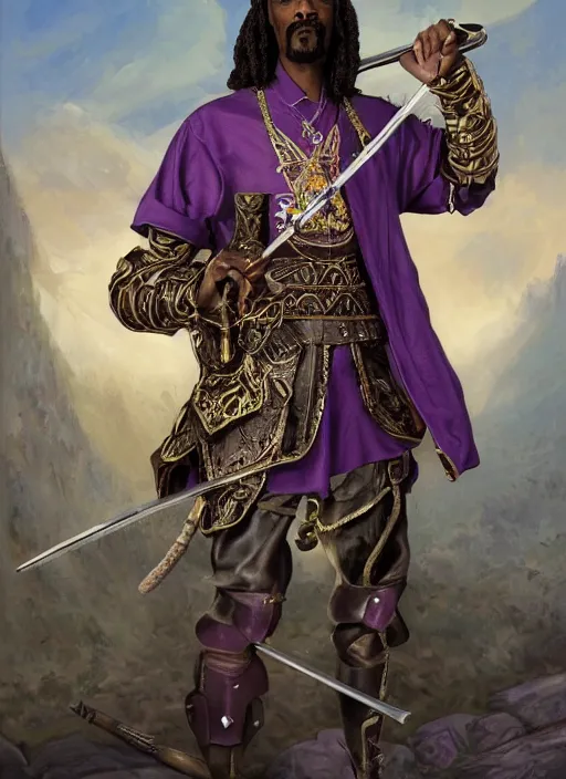 Prompt: snoop dogg as an archer, short beard, grumpy, intricate plate armor with purple accents, Ivan Aivakovsky, Boris Vallejo, epic fantasy character art, D&D Concept Art, full length, Realistic, Regal, Refined, Detailed Digital Art, Oil Paining, Exquisite detail, post-processing, masterpiece, Cinematic Lighting, Unreal Engine, 8k, HD, Stanley Artgerm Lau, WLOP, Rossdraws, Frank Frazetta, Andrei Riabovitchev, Marc Simonetti, trending on artstation,