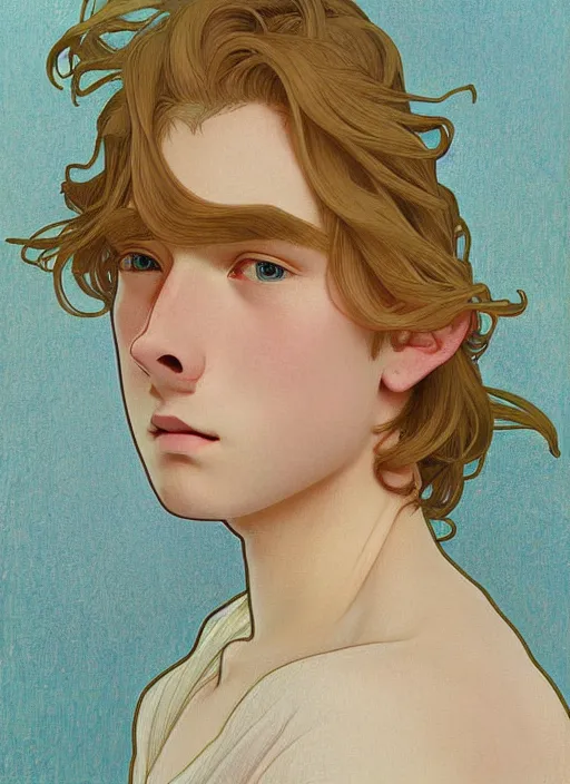 Image similar to pretty young man with shoulder length blond hair, male, half body shot, path traced, highly detailed, high quality, digital painting, by studio ghibli and alphonse mucha, leesha hannigan, hidari, art nouveau, chiho aoshima, jules bastien - lepage