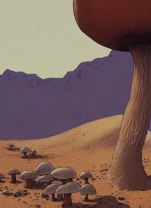 Image similar to painting of a desert scene with a large mushroom, concept art by moebius, behance contest winner, nuclear art, concept art, matte drawing, official art