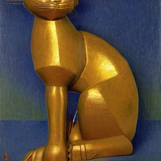 Prompt: cloisonne robot cat sculpture, by annie swynnerton and diego rivera and nicholas roerich and jean delville and janet fish, symbolist, dramatic lighting, god rays, art brut, rich colors, smooth, sharp focus, extremely detailed, adolf wolfli and ( donato giancola and bilibin )