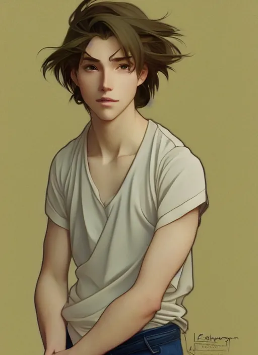 Image similar to pretty young man with shoulder length shiny shimmering golden blond hair, path traced, highly detailed, high quality, digital painting, by studio ghibli and alphonse mucha, leesha hannigan, makoto shinkai, disney