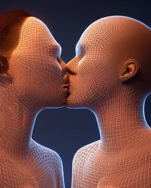 Image similar to 3 d render of kissing couple by luis toledo and alex grey and beeple, neosurrealism. digital art, pixel art, concept art, octane render, trending on cgsociety, trending on artstation