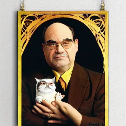 Image similar to “ george costanza from seinfled holding grumpy cat, art nouveau, gold - leaf, by alphonse mucha ”