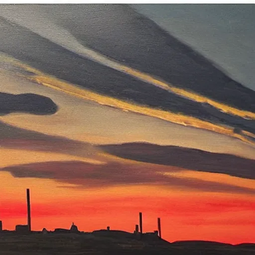 Prompt: “dramatic painting of industrial smokestacks piercing a layer of black clouds, with a background of red clouds lit by a sunset, in the style of the Hudson River school”