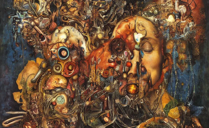 Image similar to an oil painting by arcimboldo, by georgia o keeffe, by botticelli, by giger, by frank frazetta, by gustave moreau, by beksinski, seen through a kaleidoscope, vanity, broken, nerve system, medical, jewels, nebula, space, tonalism, merged