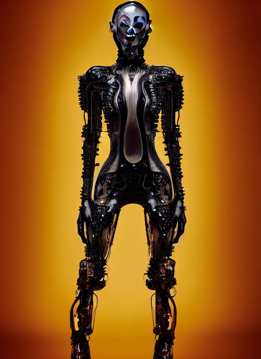 Image similar to iris van herpen gothic inflateble dark dress, perfect symmetrical body, helmet on face, full body shot, inflateble shapes, wires, tubes, veins, jellyfish, white biomechanical details, wearing epic bionic cyborg implants, masterpiece, intricate, biopunk, vogue, highly detailed, artstation, concept art, cyberpunk, octane render