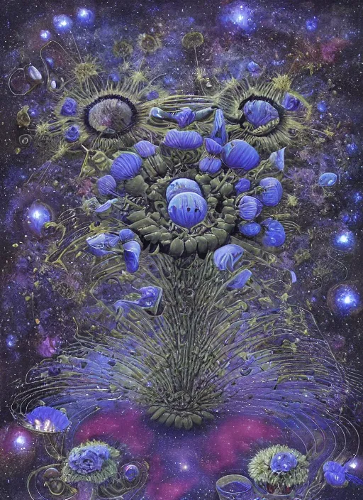 Image similar to detailed, intricate blue black and purple papaverum flower on the field, nebula, galaxy in the sky, winning award masterpiece, fantastically beautiful, illustration, aestheticly inspired, jacek yerka, upscale with anguissola sofonisba work, artstation, 8 k