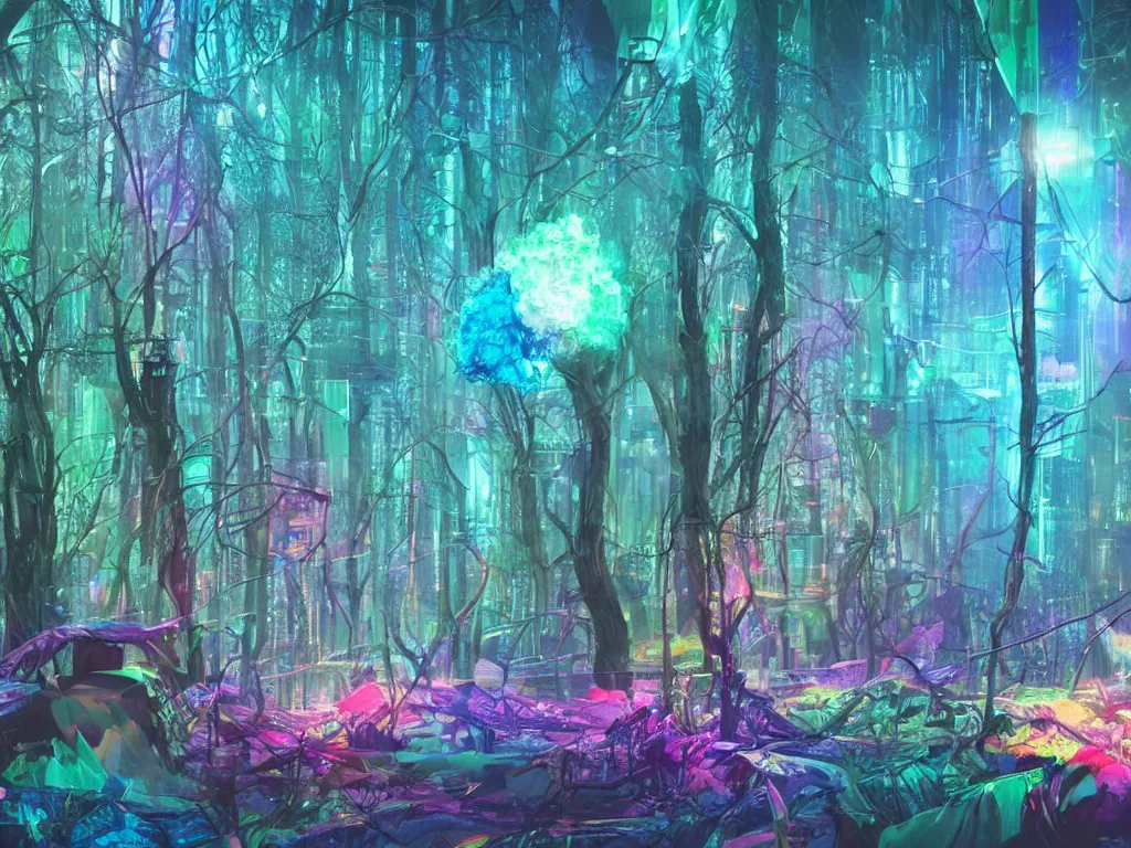 Image similar to mystical colorful cyberpunk forest with a clear blue lake in a clearing where an abstract nebula crystal sculpture is floating above it, powerful, ethereal, vaporwave