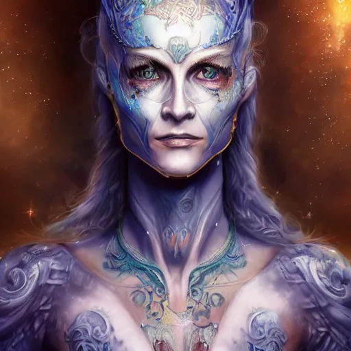 Image similar to a WLOP 3d render of very very highly detailed beautiful mystic portrait of a phantom warrior with galaxy, tattoos by Anton Pieck, intricate, extremely detailed, digital painting, artstation, concept art, smooth, sharp focus, illustration, intimidating lighting, incredible art,