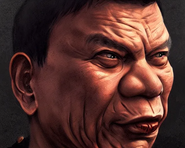 Image similar to rodrigo duterte face in a donut, detailed intricate illustration, dark atmosphere, detailed illustration, hd, 4 k, digital art, overdetailed art, by greg rutkowski, by loish, complementing colors, trending on artstation, deviantart