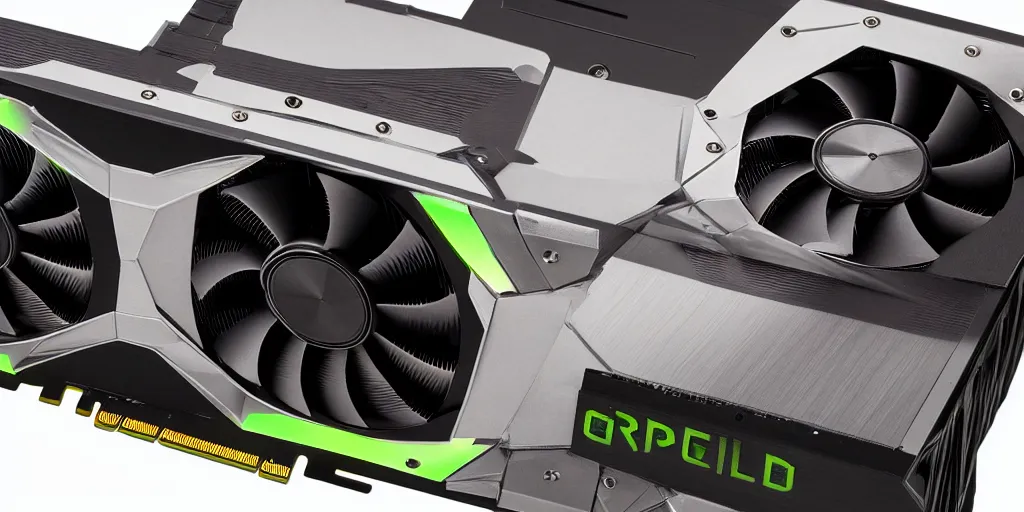 Image similar to product photo of triple wide extra long gtx rtx 4 0 9 0 nvidia gpu graphics card dramatic black background neon lighting