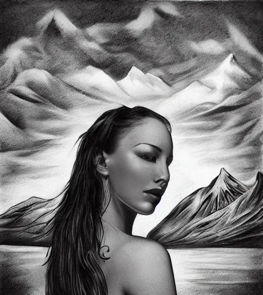 Prompt: tattoo design of beautiful woman against a background of beautiful mountains and nature, in the style of den yakovlev, black and white, hyper realistic, highly detailed