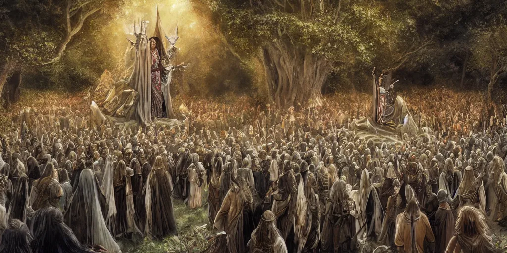 Image similar to Aragorn being crowned king under the white tree of Minas Tirith with a crowd of elves, lord of the rings, godrays, detailed painting, bloom, artstation