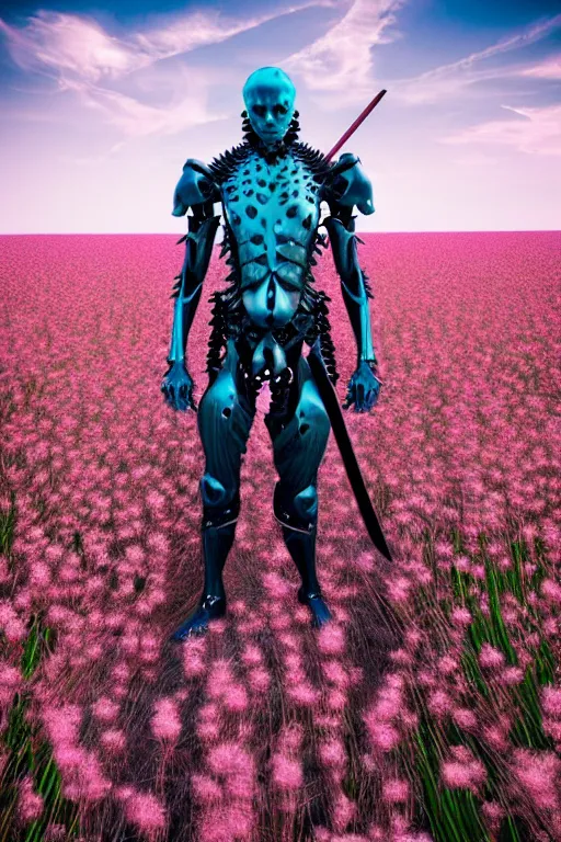 Image similar to hyperrealistic neo - gothic muscular human demon hybrid, exoskeleton armor, holding katana, standing in a field of pink flowers, highly detailed smooth concept art masterpiece, vitaly bulgarov dramatic dark teal light, ground angle hd 8 k, sharp focus