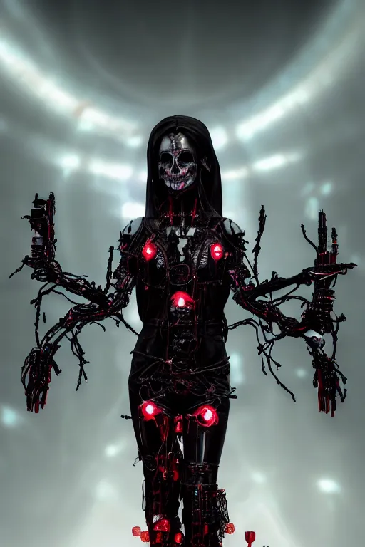 Prompt: full-body cyberpunk style sculpture of a young beautiful dark priestess, half android with a head opening exposing circuitry, glowing red eyes, black roses, flowing blood-red colored silk, fabric, candles. baroque elements. human skull. full-length view. baroque element, intricate artwork by Caravaggio. crows flying in background. Trending on artstation. octane render, cinematic lighting from the right, hyper realism, octane render, 8k, depth of field, 3D