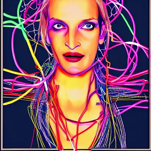 Image similar to portrait uma thurman with lots of neon wires arownd the head, futuristic, high intricate detail,