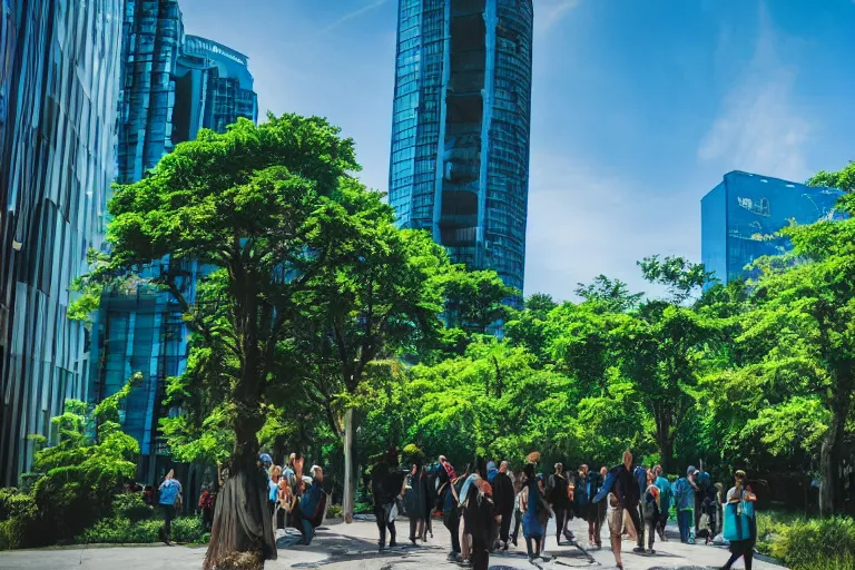 Image similar to a cinematic wideangle photograph of people walking through a utopian city walkway on top of buildings, green plants, blue sky, beautiful lighting, ultra realistic