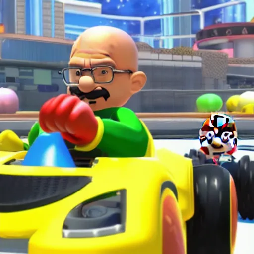 Prompt: Walter White and Jesse Pinkman in Mario Kart 8