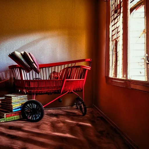 Image similar to A darkened kitsch-filled dusty parlor brightened by the morning sun, a (child\'s red wagon filled with books) is in the corner of the room, cinematic, vignette, ultrarealistic, photograph, 55mm