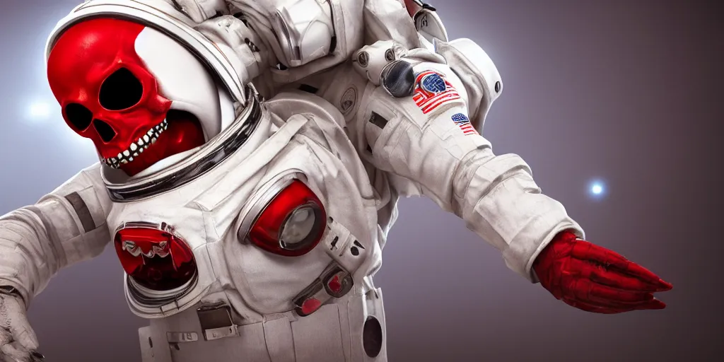 Image similar to smaller ornate red skull in white astronaut suit, gold linens, cinematic lighting, dramatic, octane render, long lens, shallow depth of field, bokeh, anamorphic lens flare, 8k, hyper detailed