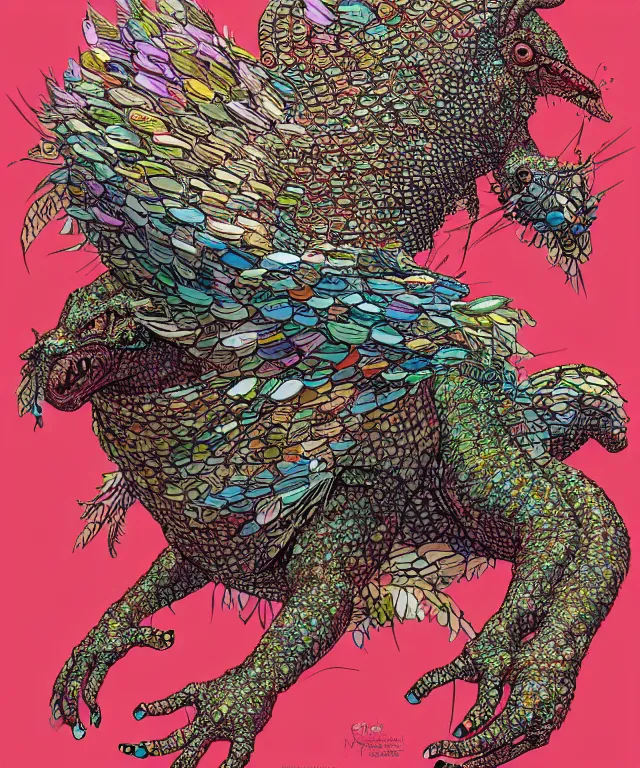 Prompt: a creature covered in scales and feathers spitting acid, fantasy, elegant, digital painting, artstation, concept art, matte, sharp focus, illustration, art by geof darrow