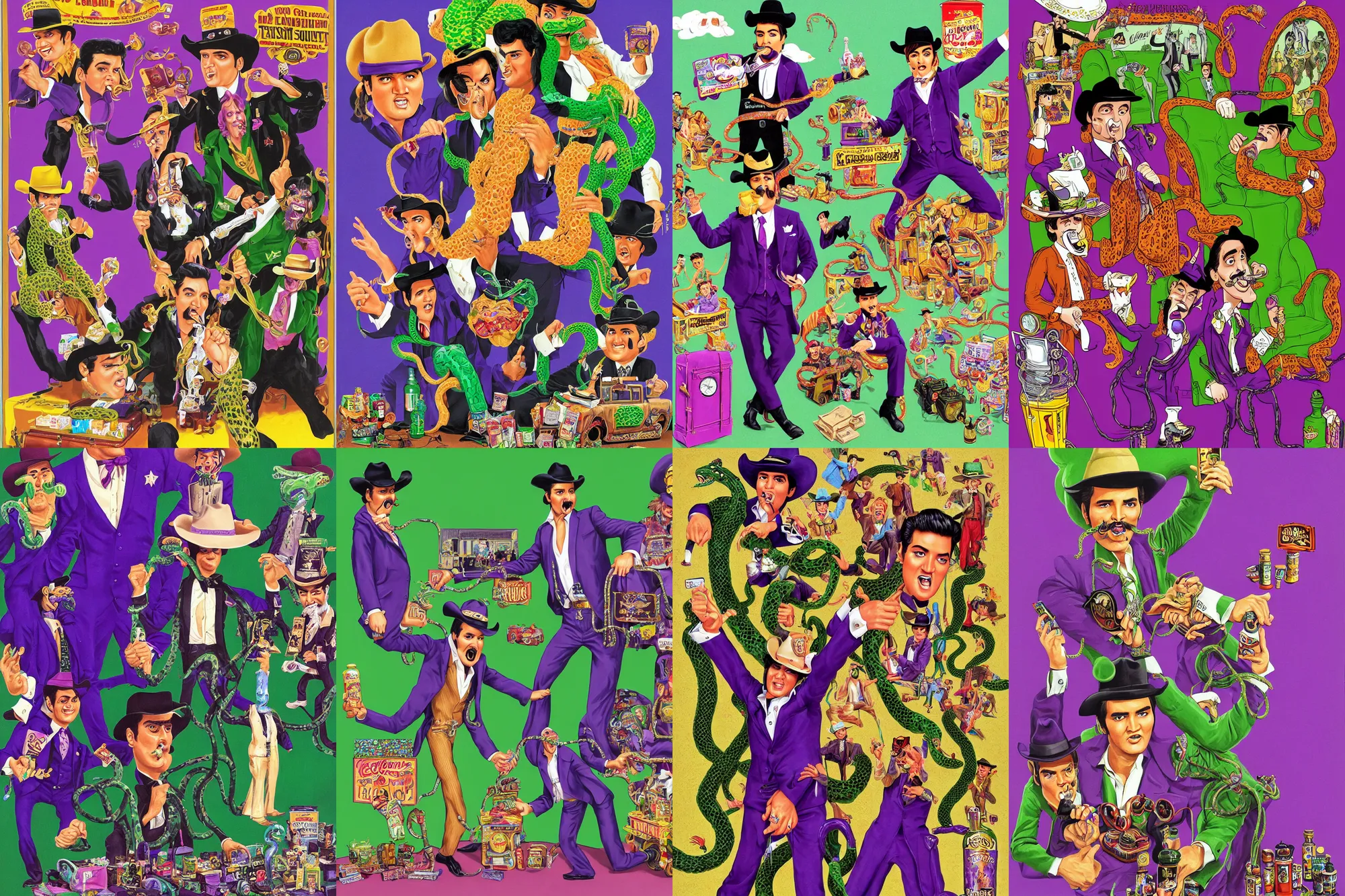 Prompt: long shot full body portrait of locomotive professional wrestling salesman elvis presley johnny cash cowboy snakeoil salesman wearing oversized cowboy hat with curly moustache and anthropomorphic purple snakeskin business suit, pictured in front of a green screen selling petroleum snake oil stimulant bottled in hyper bullish faberge briefcases on wheels, portrait art by lisa frank and basil wolverton