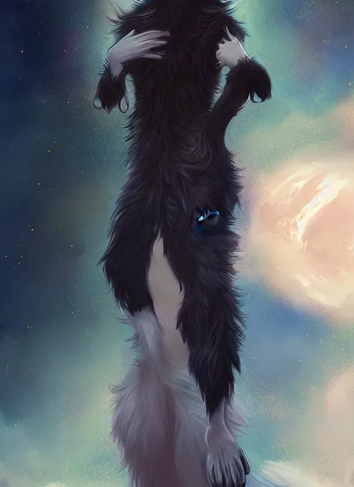 Prompt: beautiful wide angle full body portrait of a cute male anthropomorphic anthro border collie fursona wearing an evening gown in outer space, character design by charlie bowater, henry asencio, and ross tran, scenic background, detailed, glamor pose, aesthetic, furry, trending on artstation, furaffinity, deviantart