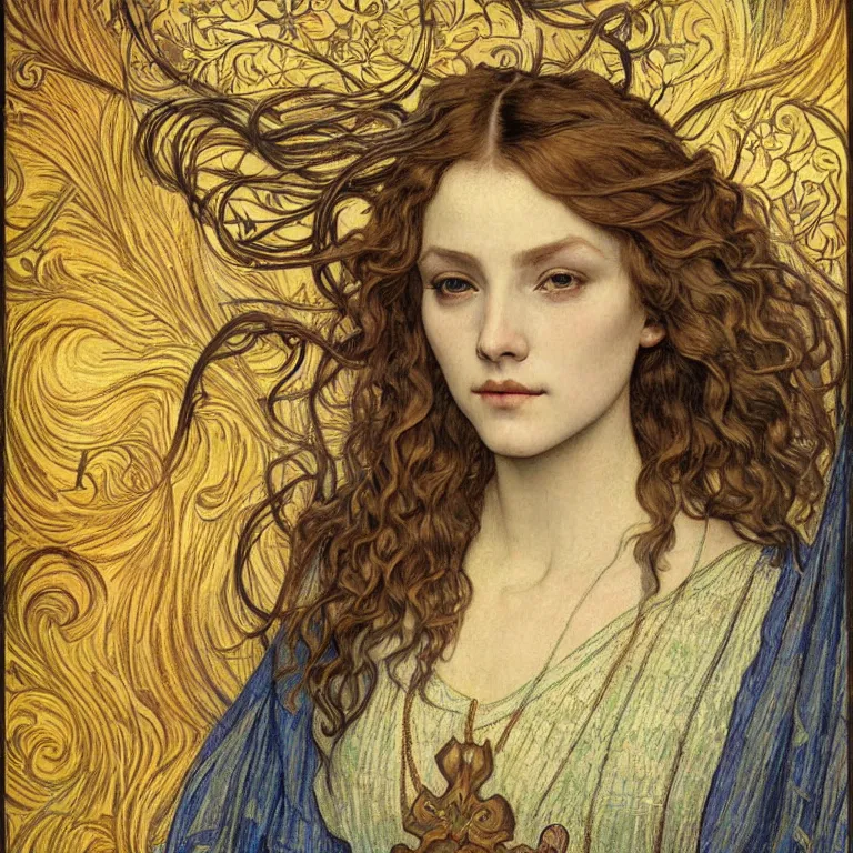 Image similar to detailed realistic beautiful young medieval queen face portrait by jean delville, alphonse mucha, vincent van gogh, and marco mazzoni, art nouveau, symbolist, visionary, gothic, pre - raphaelite