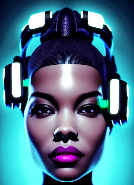 Prompt: photorealistic portrait of black american female humanoid, cyber neon lights, highly detailed, cyberpunk high fashion, elegant, crispy quality, trending in artstation, trending in pinterest, glamor pose, no signature, no watermark, cinematic, octane render, cute face, art by artgerm and greg rutkowski and pascal blanche