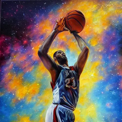 Image similar to an expressive oil painting of a basketball player dunking, depicted as an explosion of a nebula