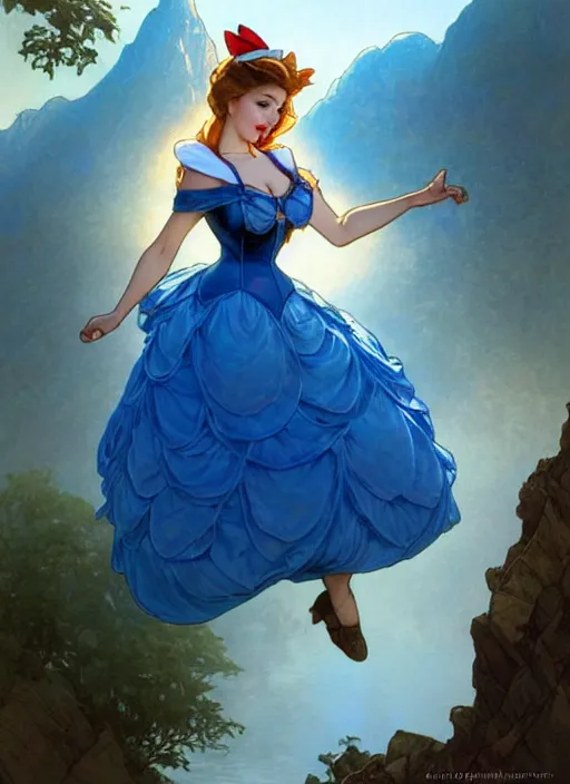 Prompt: concept art by artgerm, portrait of pinup disney alice in wonderland in blue dress, soft natural light, intricate, elegant, highly detailed, mountain background with houses and river, digital painting, artstation, concept art, smooth, sharp focus, illustration, art by greg rutkowski and alphonse mucha and uang guangjian and gil elvgren, symmetry!!