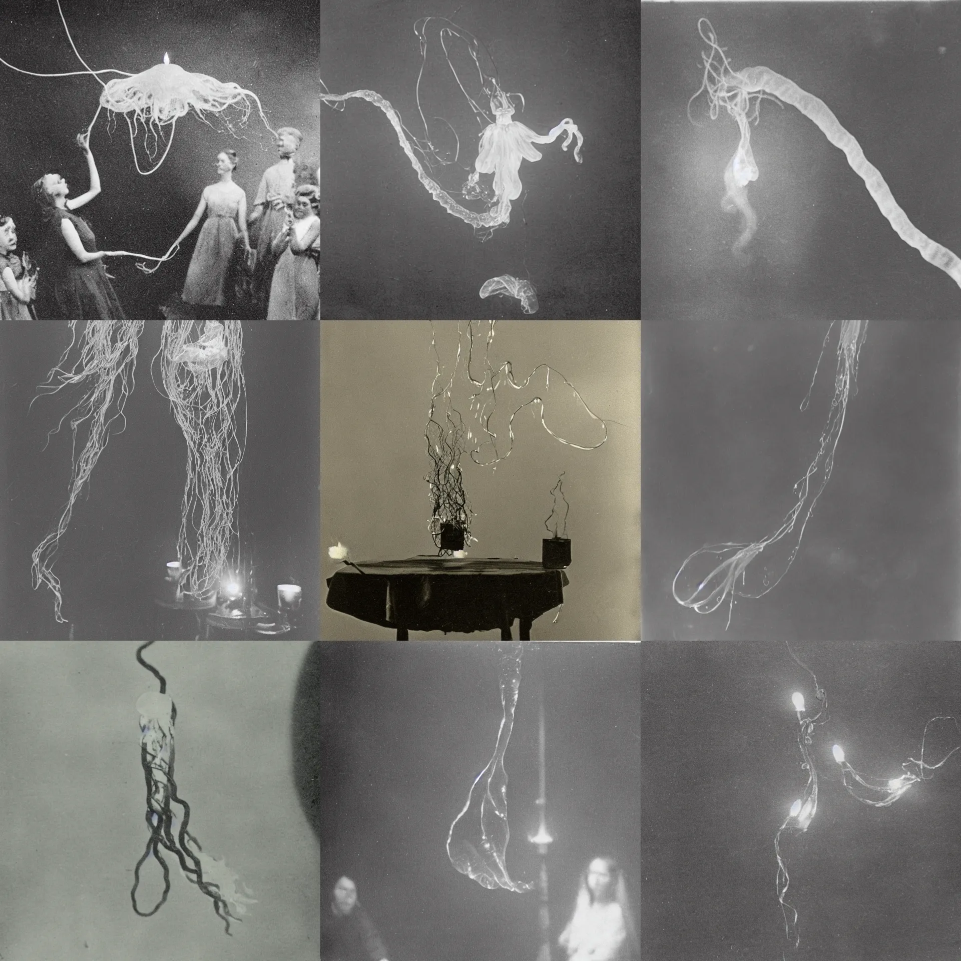 Prompt: a vintage photograph of a siphonophore ghost floating in the air during a seance