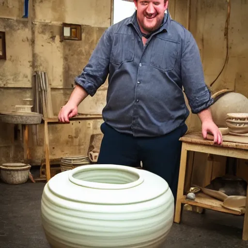 Image similar to johnny vegas making a very very big teapot out of wet clay, on a pottery wheel, art school, artist, studio, performance, photorealistic